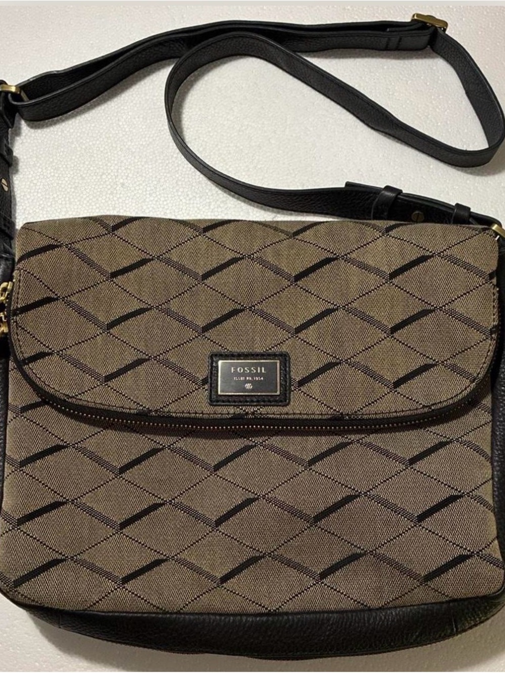Fossil Brown/Black Geometric Crossbody Bag Zip Detachable Adjustable Strap Gold